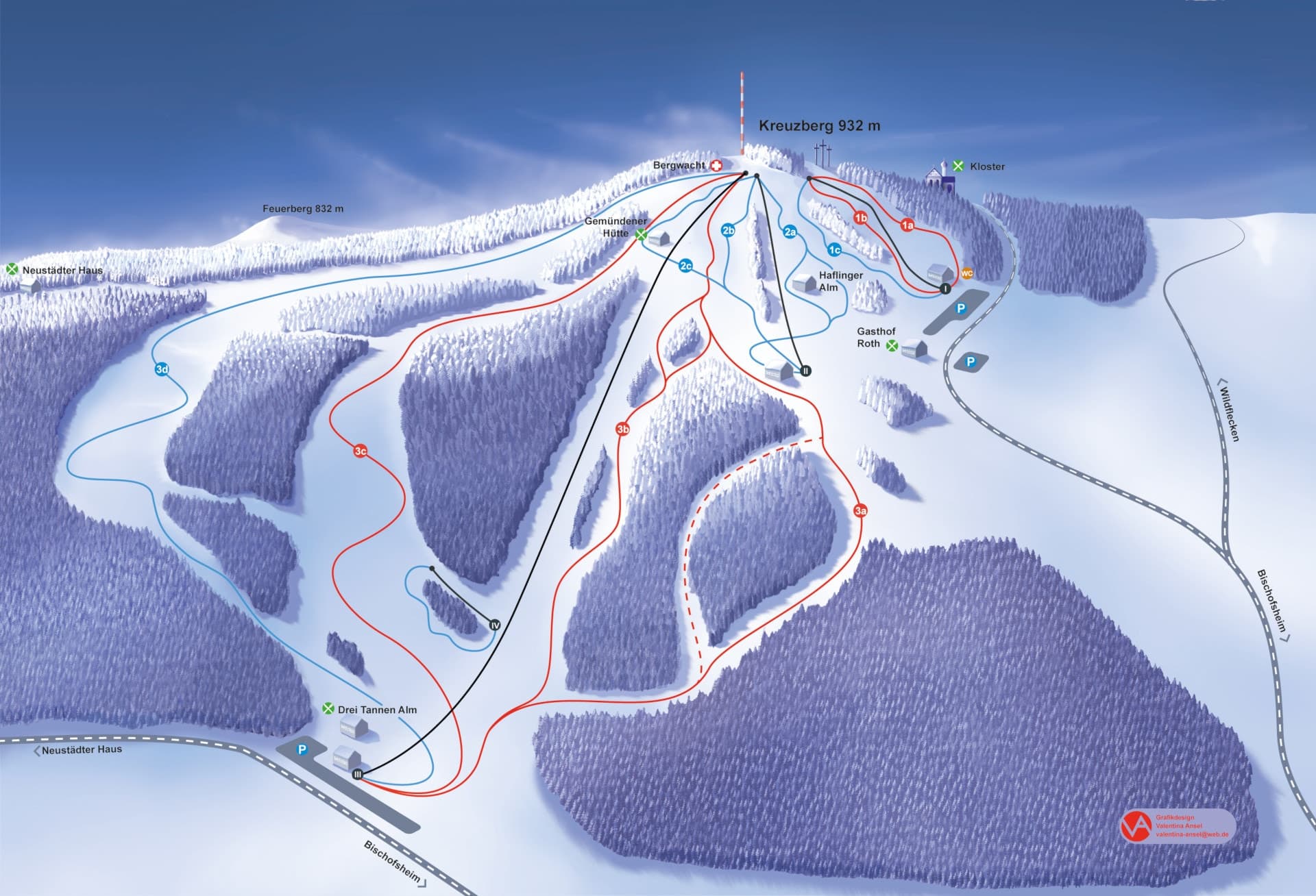 Pistenplan Skilifte Kreuzberg - Kreuzberg 932m mit allen Abfahrten und Liftanlagen